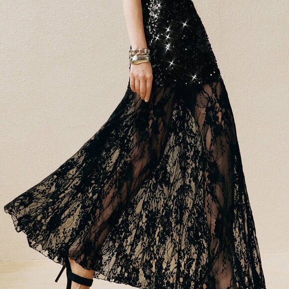 Dresses & Skirts - Black Elegant Women's Sequined Lace Maxi Skirt